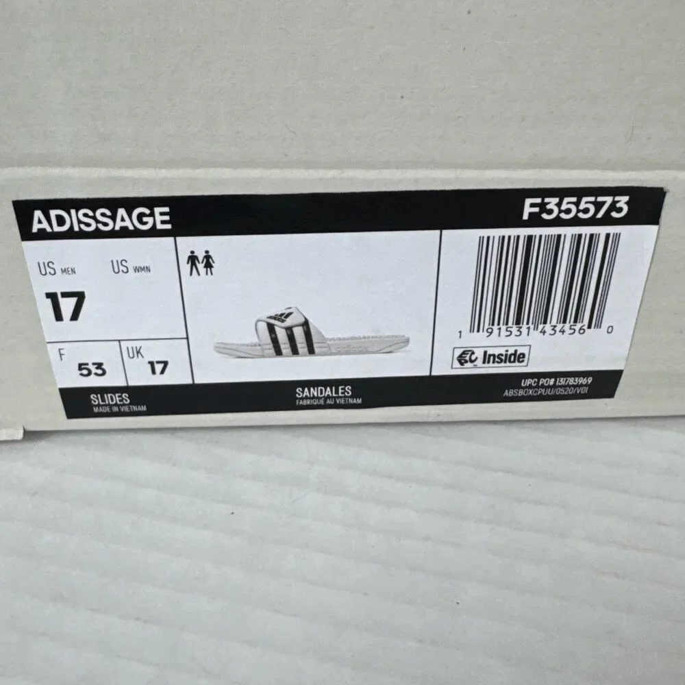 Adidas Adissage Men's US17 Unisex White/Black Sandals Slides Massage‎ NWOB 9425